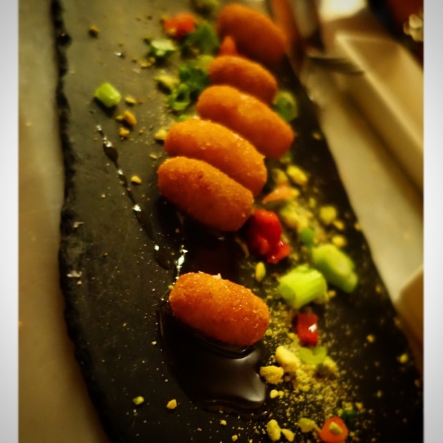 Buceo 95 - Upper West Side - NYC – Croquetas de queso de cabra (goat cheese), spiced strawberry honey and pistachio salt.