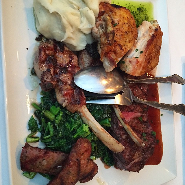 Bareli’s – Secaucus NJ – Valentine’s Day menu mixed grill – lamb chops, chicken, steak, sausage, garlic whipped mashed potatoes, broccoli rabe