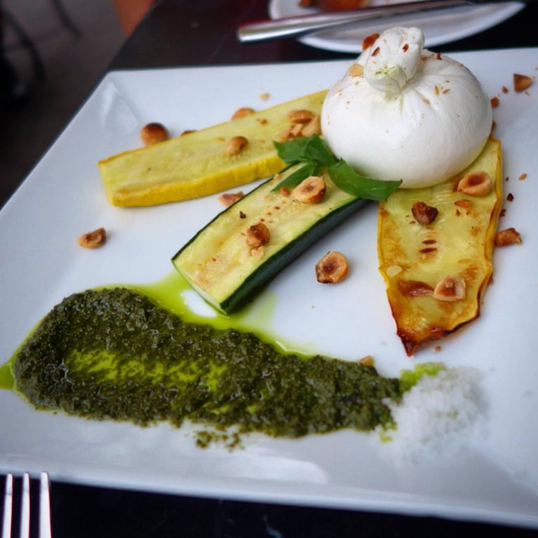 The Marshal – Hudson Valley Burrata – John Fazio Farms Burrata, Windfall Farms basil pesto, hazelnuts, Martha’s Vineyard Sea Salt, yellow & green summer squash