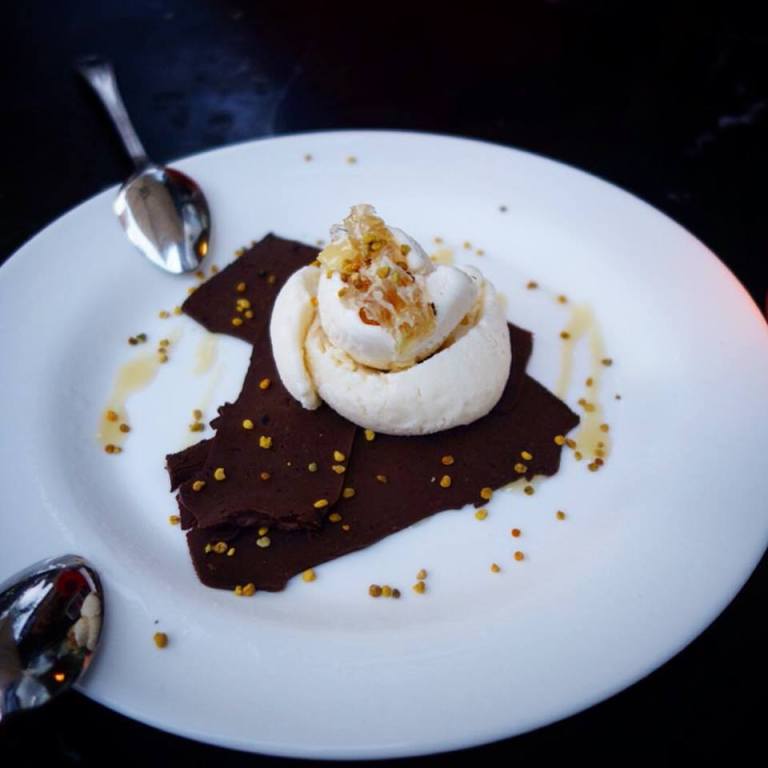 The Marshal - Cold Fudge topped with bee pollen, ice cream and honeycomb