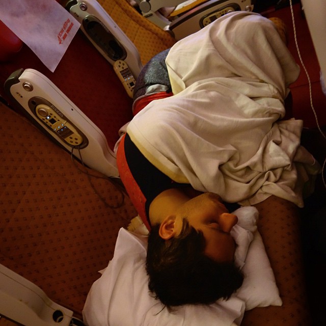 ne thing we learned on the way to India is to grab extra seats as soon as you can!  So knowing that our flight from Mumbai to Newark was the longest flight of our trip we each grabbed rows for ourselves the moment we realized no one was sitting in them.  BEST decision EVER. 16 hour flight. So clutch. Air India. 