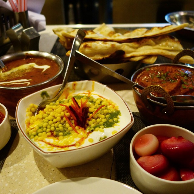 This was our first fully vegetarian meal in India.  Tan Sukh in Jaipur. Right across the street from the hotel, but about a 15 minute walk to get around the divider and back to it!  Papri Chaat, spicy paneer, dal makhani (of course) red onion and naan.  It was delicious. Rajasthan eats. 
