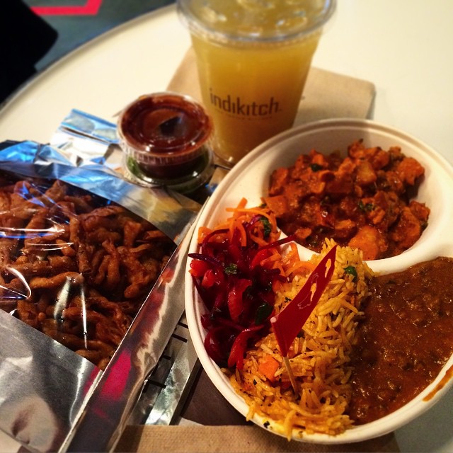 Indikitch - Midtown - NYC - Feast with chicken tikka masala, saffron rice, onion bhaji, beet salad, dal and a ginger sugar cane juic