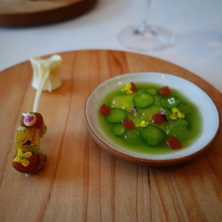 Eleven Madison Park - Birthday dinner - Tuna marinated in cucumber, with bonito cream and tuna skewered on a tuna bone