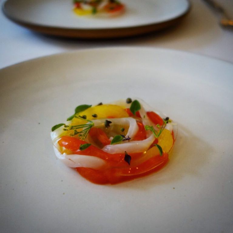 Eleven Madison Park - Birthday dinner - squid, bell pepper, artichoke, tomato gelée & basil flowers