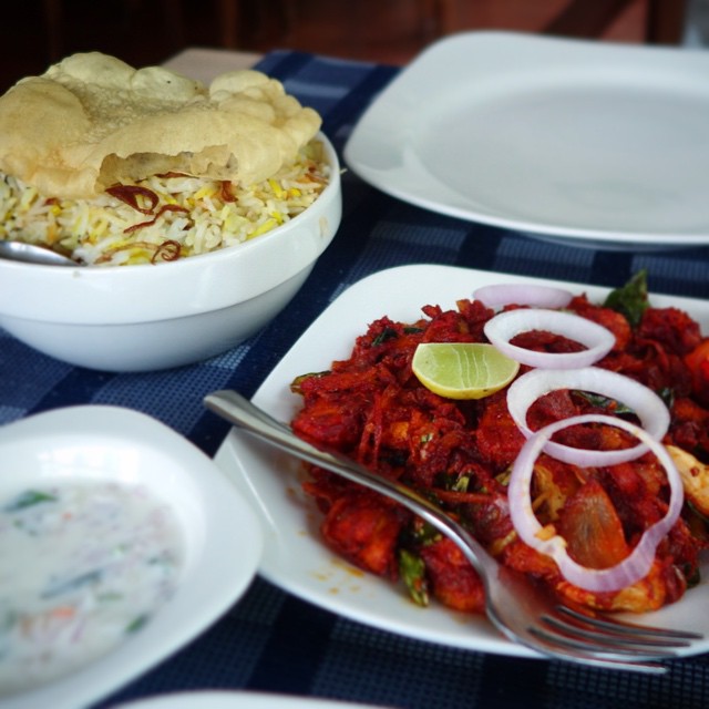 This was a very flavorful meal that we had on our way to our hotel, winding through the roads of Munnar.  Fried chili chicken, and egg biriyani. Munnar, Kerala, South India, Eats.