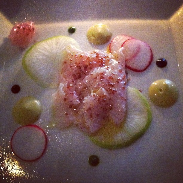 Annisa – West Village – NYC – Fluke Crudo – Himalayan sea salt, avocado sauce, black lime sauce, radish, daikon. I forget what the top left piece was, but it was a special part of the fish.  This dish was so fresh and delicious.