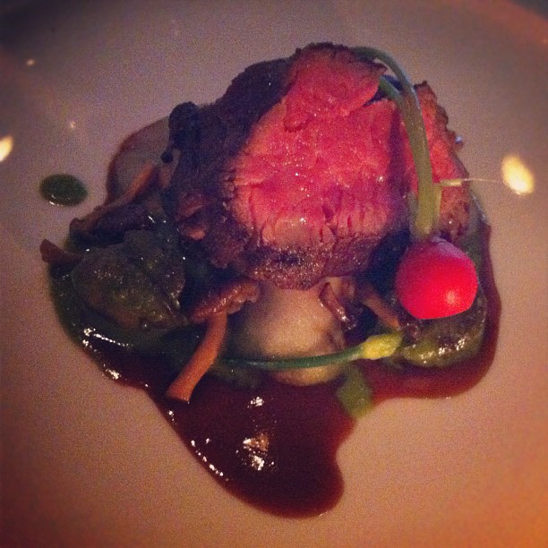 Annisa – West Village – NYC – Grilled Wagyu, escargot (my first time having them), garlic brioche, alba mushrooms and radish. So complex and amazing.