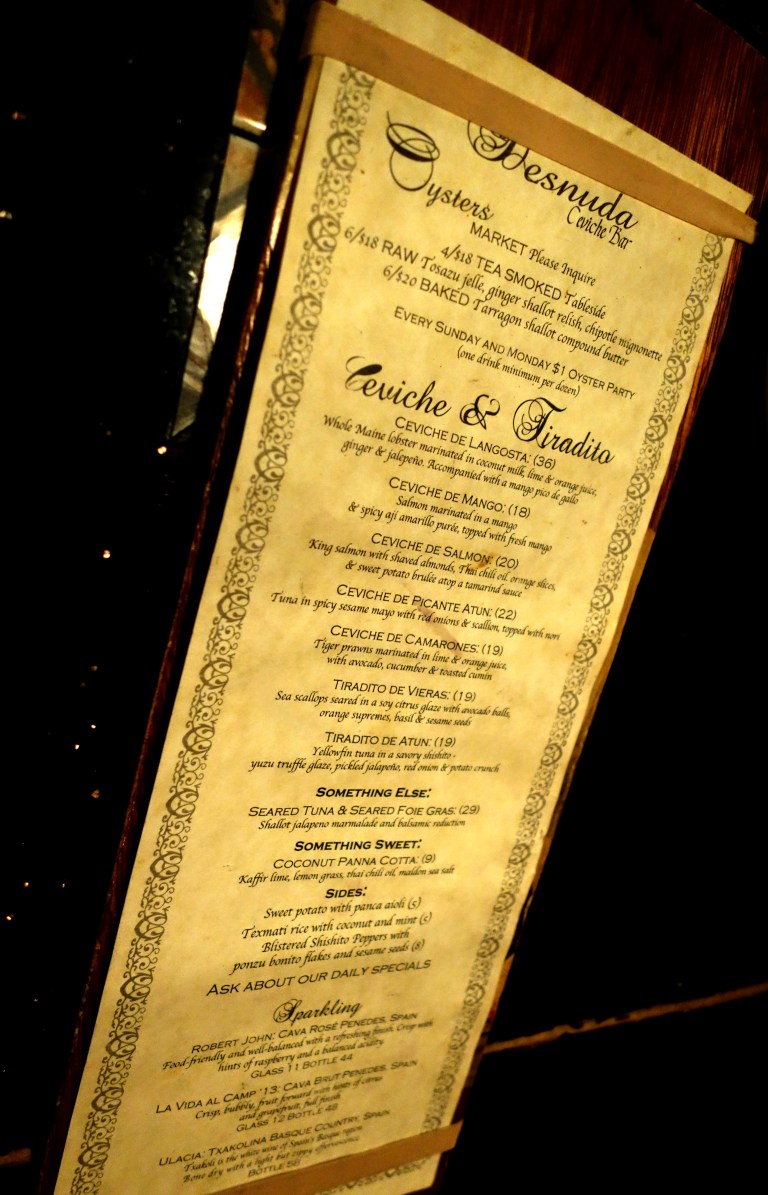 Desnuda NYC – the current menu – August 2015