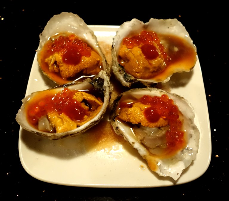 Desnuda NYC – started with the Oysters topped with uni, trout roe, ponzu and siracha sauce
