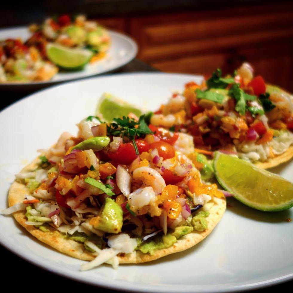 Home Chef Ceviche-style shrimp tostadas with avocado mash and slaw