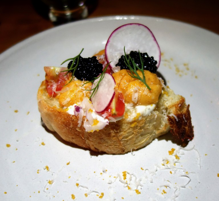 Sakamai – Uni Toast from visit #1 – anchovy butter, crème fraîche, bottarga, radish, Parmigiano-Reggiano, and for this visit it was topped with sturgeon caviar for the win. Um… yum. The contrast of flavors and textures in this was amazing. Everything came together in buttery delicious way.