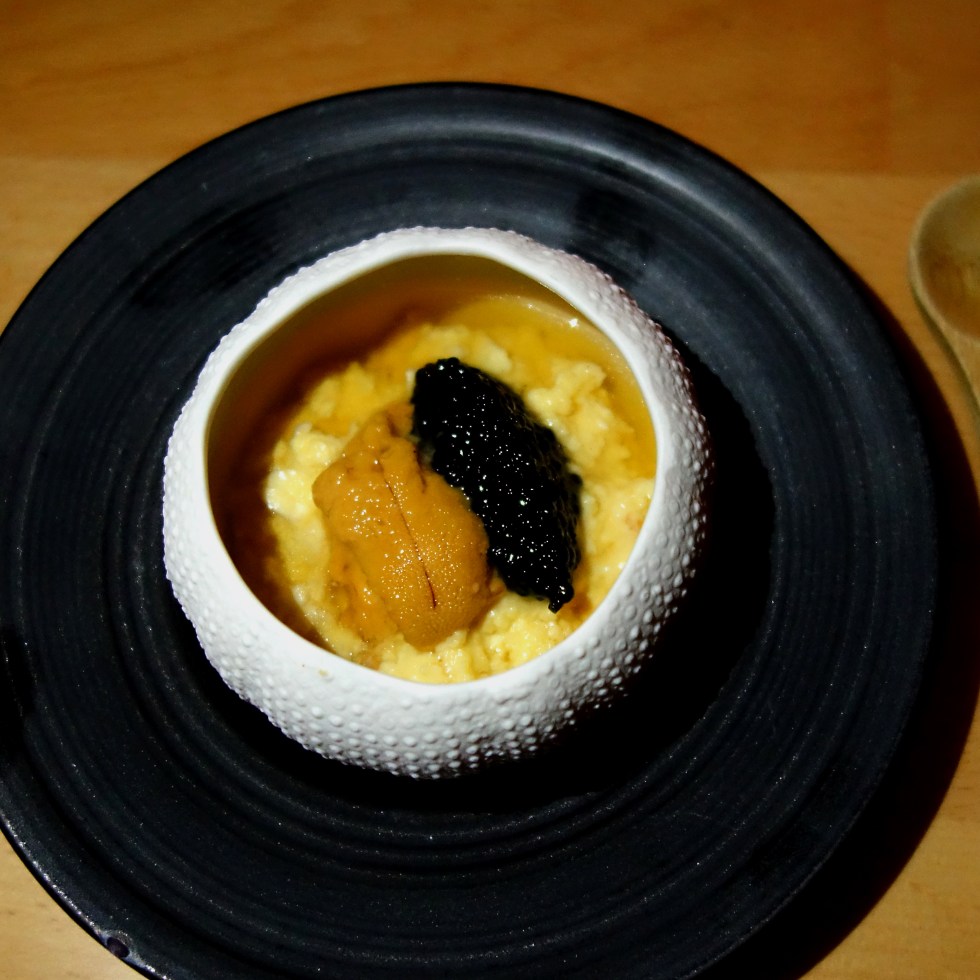 Sakamai – Egg on egg on egg – sea urchin, aka uni, sturgeon caviar and scrambled egg – created by George himself. You have to scoop up from the bottom when you eat this so you can get a bit of each element on the spoon with each bite. It is a luxurious dish. I think I used my finger to swipe up every last drop.