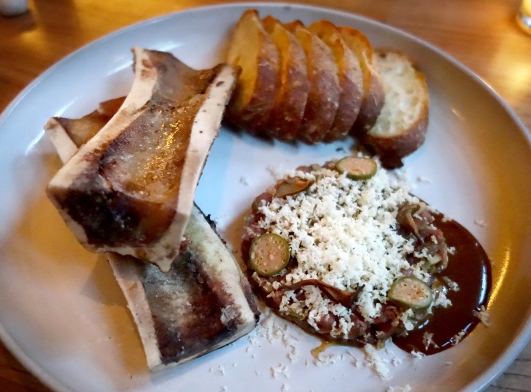 Sakamai – Beef Tartare – roasted bone marrow, red miso, crispy maitake mushroom, thinly sliced wild capers and horseradish. I wish I had a better pic of this, but I was too anxious to get this in my mouth that I didn’t adjust my settings well enough. Oh well, guess I’ll have to go have it again! My only ask for this one dish is to be served with more toast points please :)