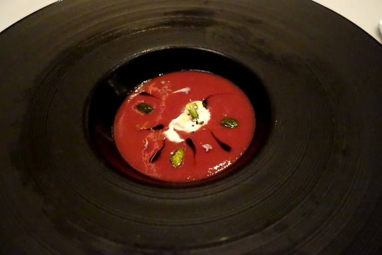 Joël Robuchon – by Joël Robuchon, Las Vegas – Amuse-bouche # 2 – cherry gazpacho with sheep ricotta and pistachios