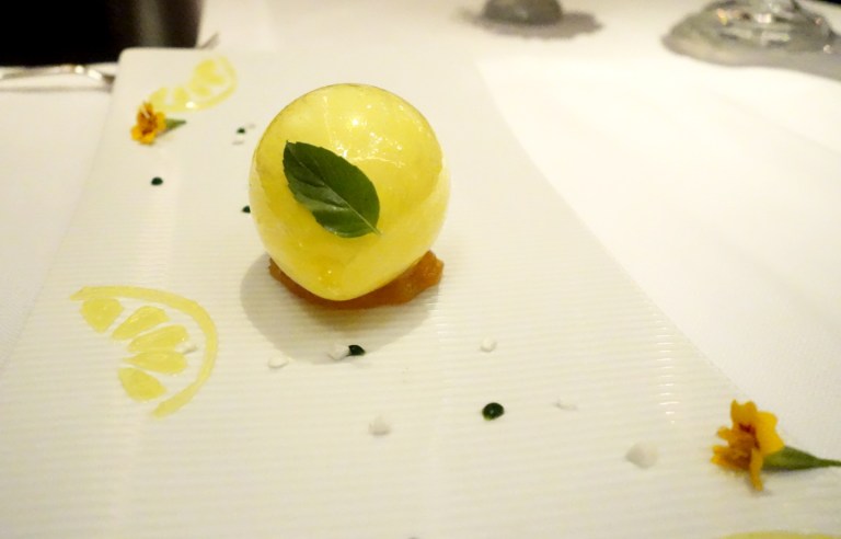 Joël Robuchon – by Joël Robuchon, Las Vegas – La Sphére - Bubble sugar sphere with creamy lemon sorbet and thai basil gelee. This was Rosalynn’s dessert. It was very pretty and tasty.