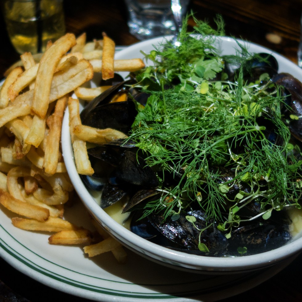 Jacob’s Pickles – White Wine Mussels – PEI Mussels in a white wine and butter broth with garlic and onions. Served with fresh cut fries